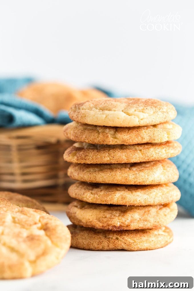 A stack of golden brown snickerdoodle cookies coated in cinnamon sugar.