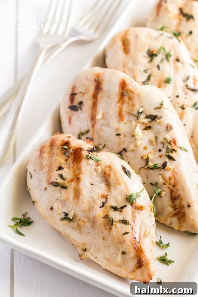 Perfectly grilled chicken breasts arranged on a serving platter, ready to be enjoyed.