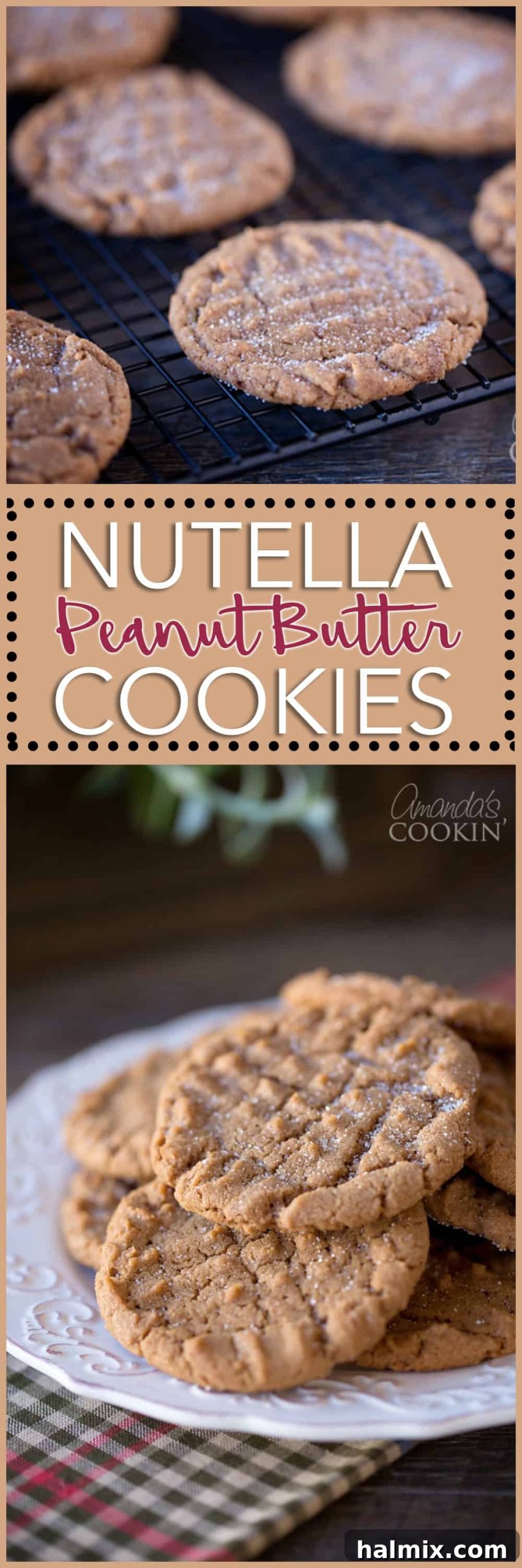 Nutella Swirl Peanut Butter Cookies 9 A collage of photos showcasing various stages of Nutella peanut butter cookies, from dough to baked, and different angles of the finished product.