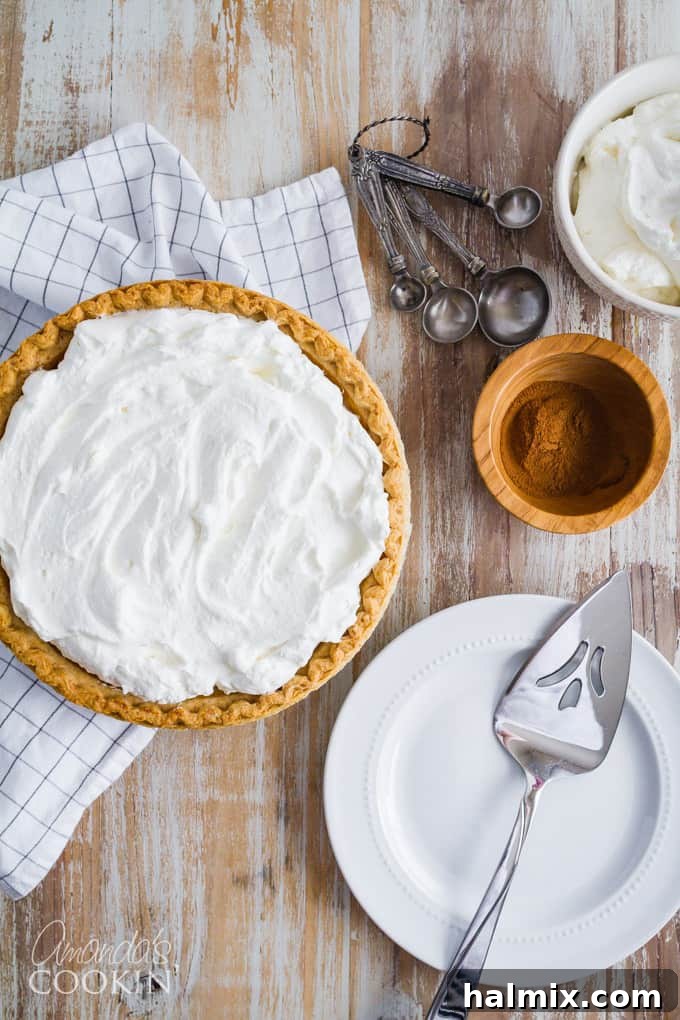 A stunning overhead view of a whole pumpkin pie, showcasing its beautiful golden crust and smooth, inviting filling, topped with a sprinkle of cinnamon, ready to be devoured.