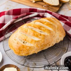 A loaf of One Hour Bread resting on a wire rack, cooling down