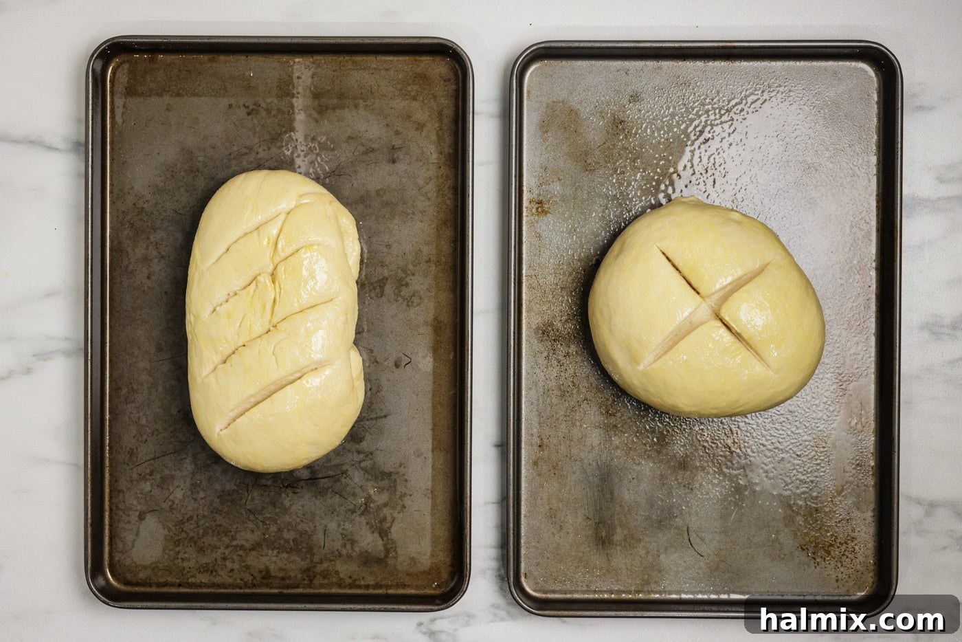 The 60-Minute Loaf 9 Overhead shot of scored bread dough loaves on baking sheets, ready for the oven