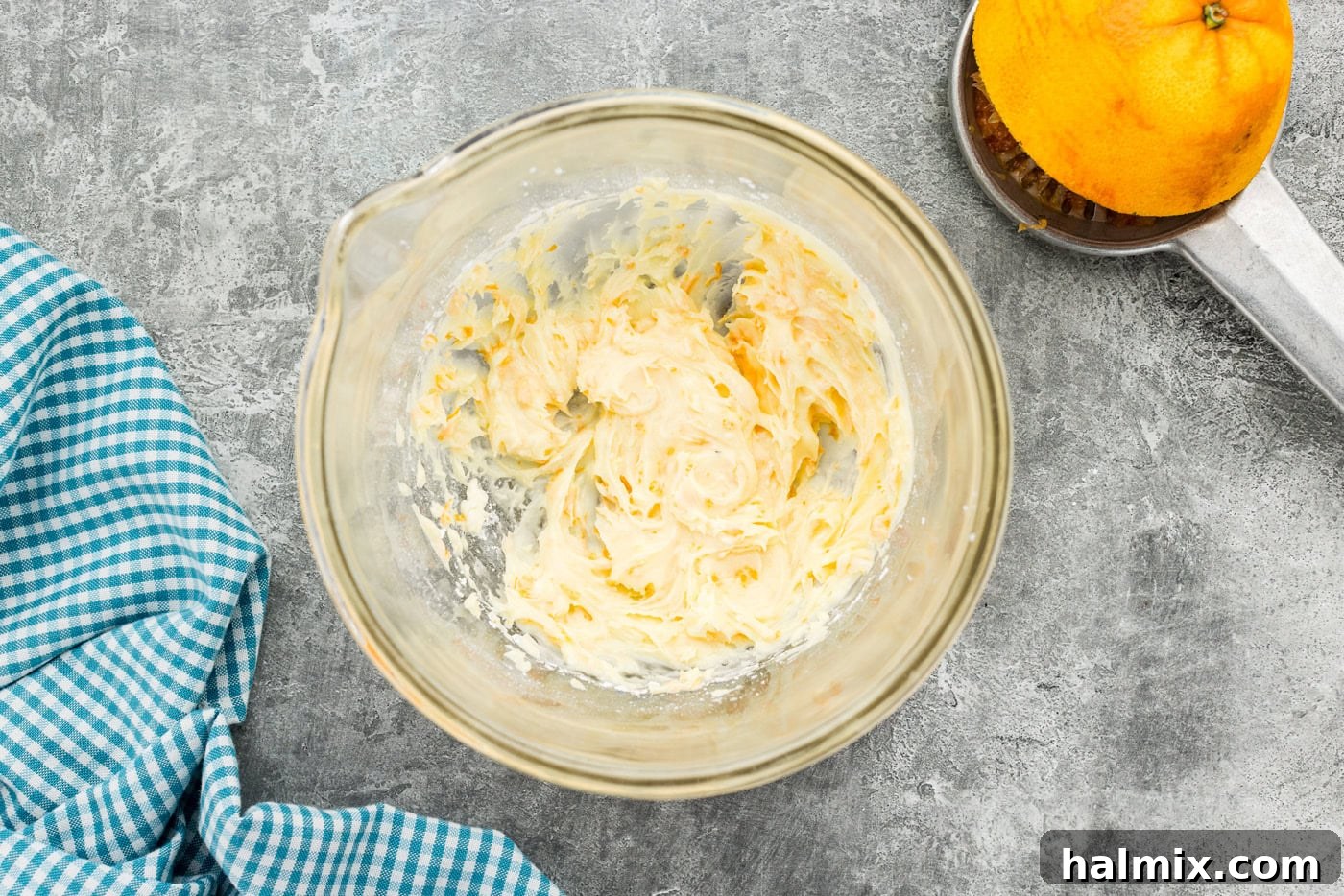 Orange roll filling in a mixing bowl