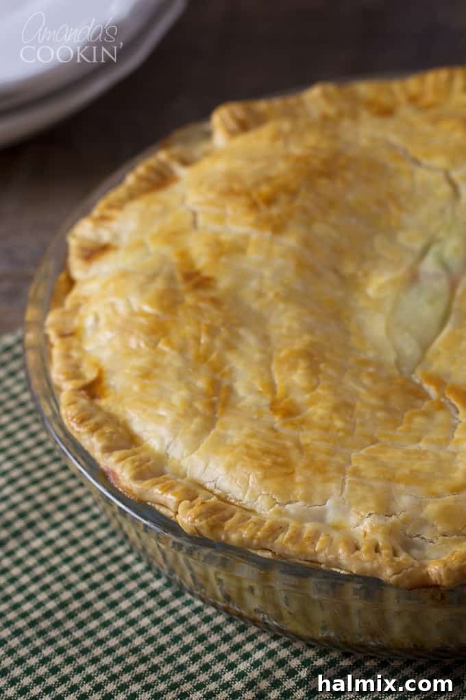Homemade pot pie showcasing a perfectly golden, flaky crust, ready to be served.