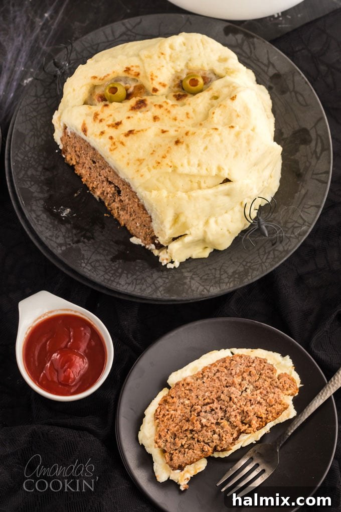 A slice of Mummy Meatloaf revealing its delicious interior