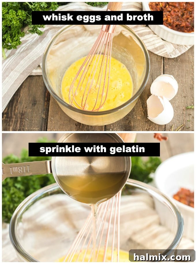 Whisked eggs and chicken broth in a large bowl, forming the liquid base for the meatloaf