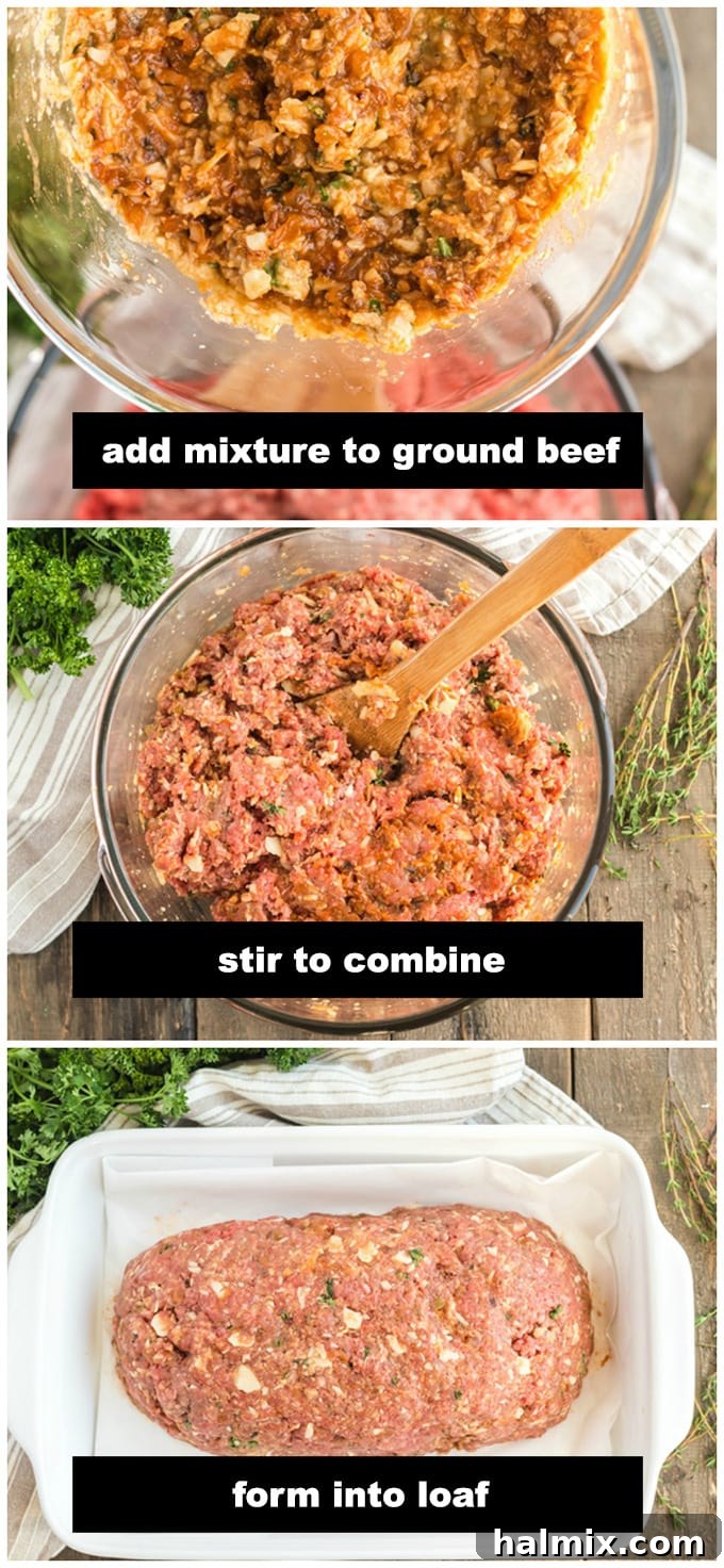 Adding the sautéed onion and vegetable mixture to the ground beef in a mixing bowl