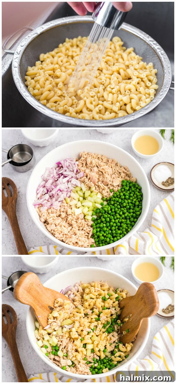 Cooked macaroni being rinsed in a colander, followed by an image of the rinsed pasta being combined with drained tuna and diced vegetables in a large bowl.