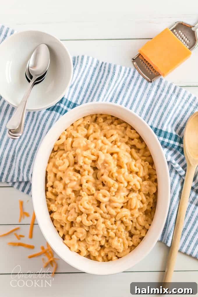 A close-up of a bowl filled with golden, bubbling stovetop macaroni and cheese, ready to be served.