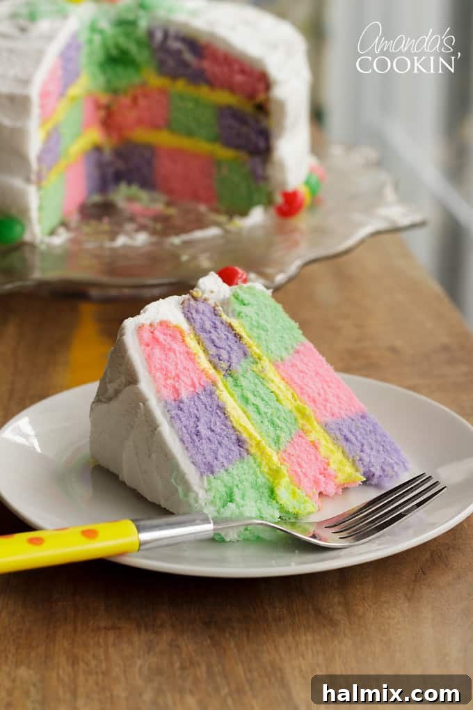 Closeup of three checkerboard cake layers before assembly