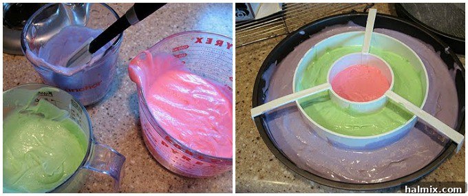 First steps of making a checkerboard cake, showing mixing ingredients