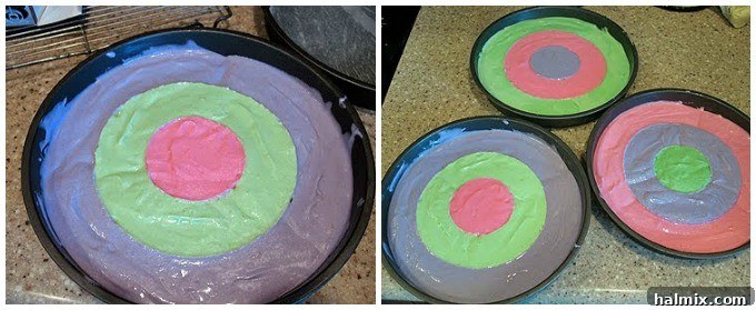 Steps for filling a checkerboard cake pan with different colored batters