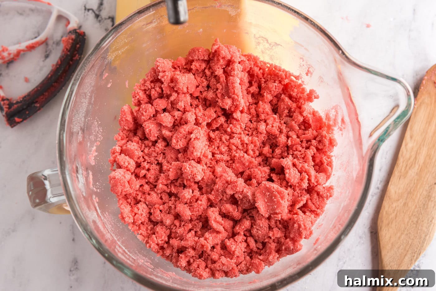 watermelon cookie dough in a mixer bowl