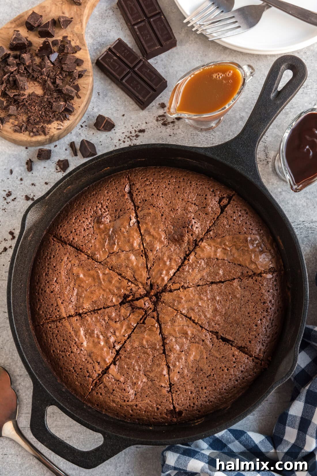 Brownies in a Cast Iron Skillet cut into slices