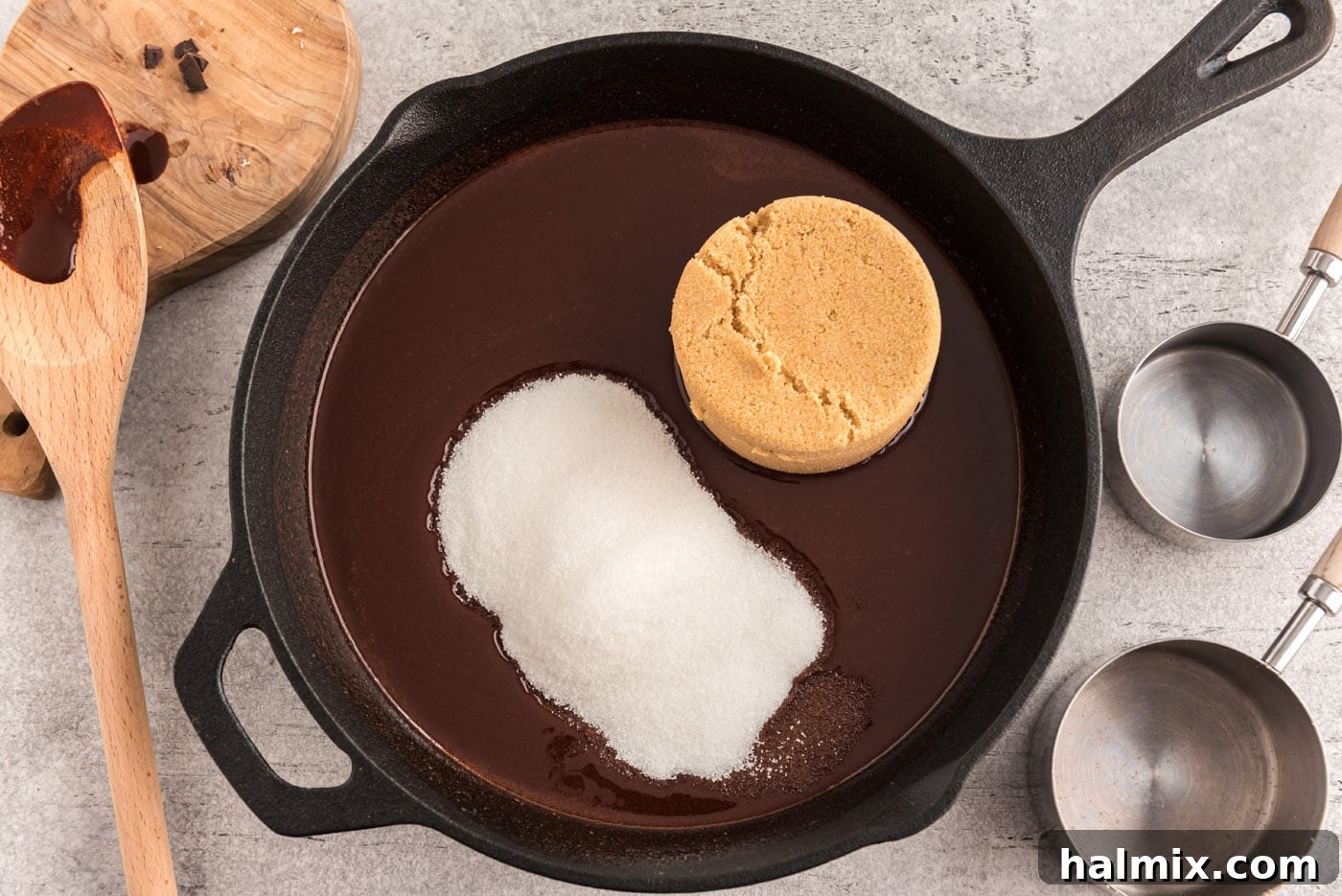 brown sugar and granulated sugar in chocolate mixture in skillet