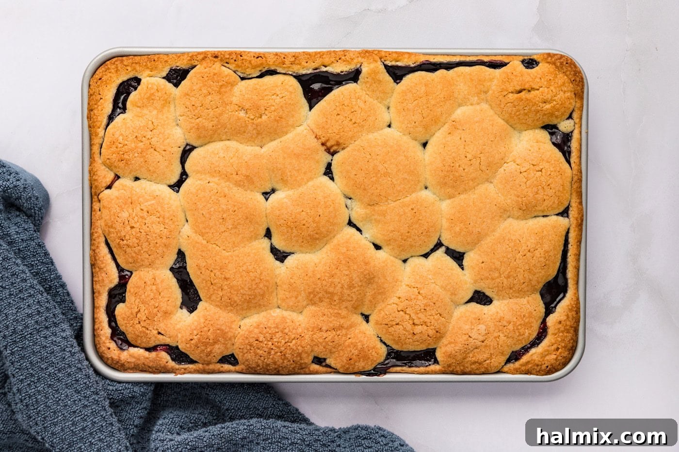 overhead of blackberry pie squares after being baked