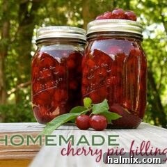 A photo of two jars of homemade cherry pie filling.