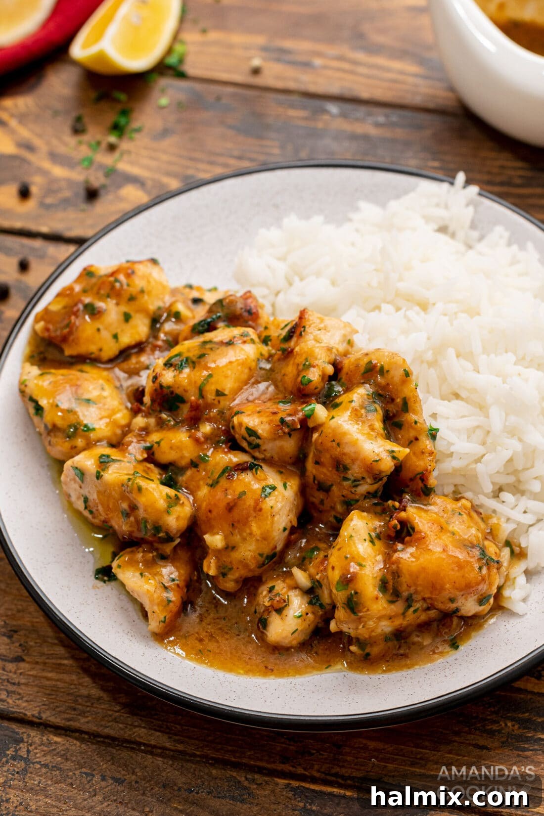 close-up of garlic chicken browning in a skillet