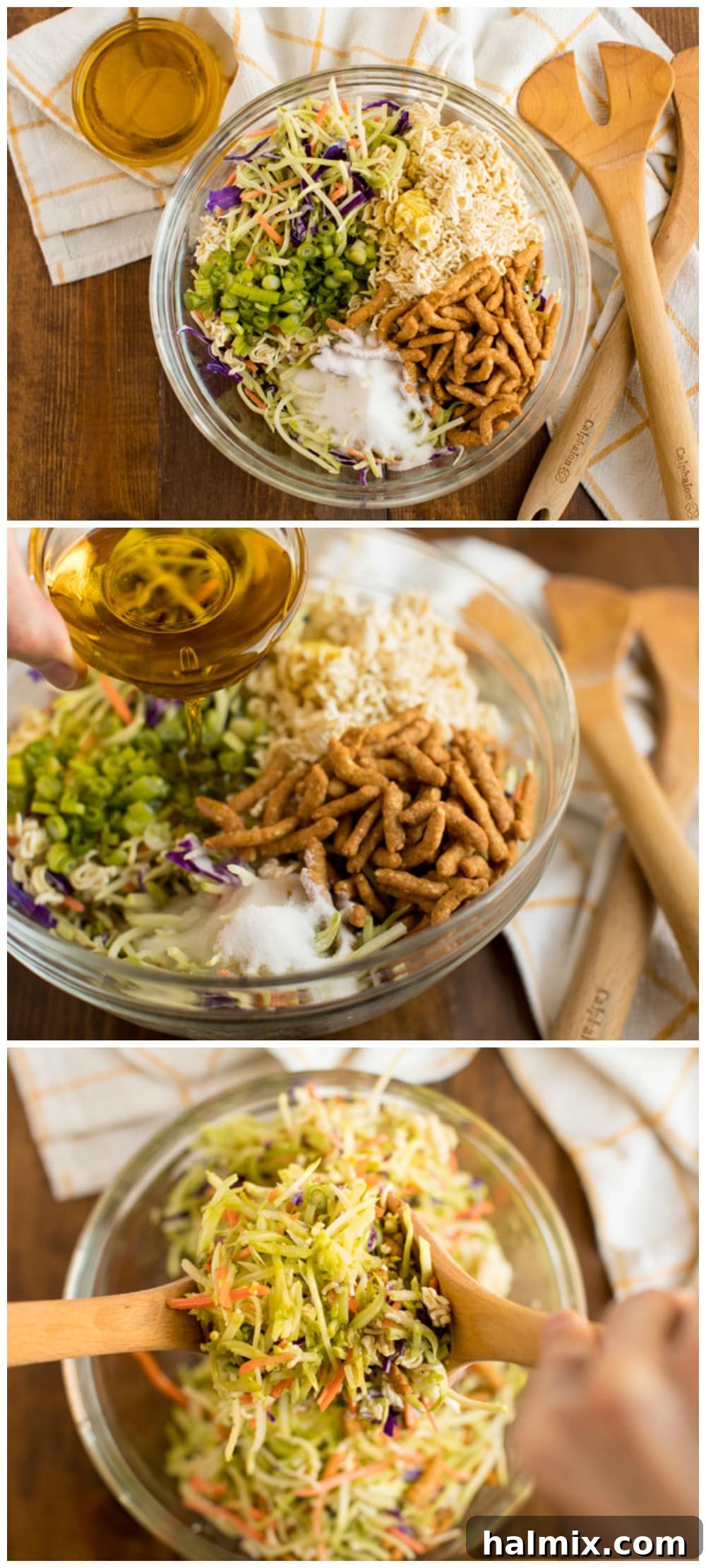 steps showing how to make broccoli slaw salad