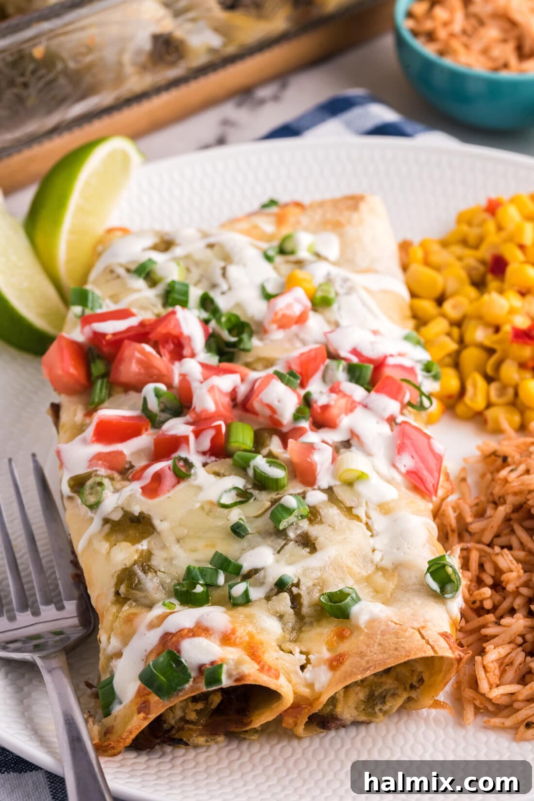 Close up photo of Beef Enchiladas on a plate with rice and corn