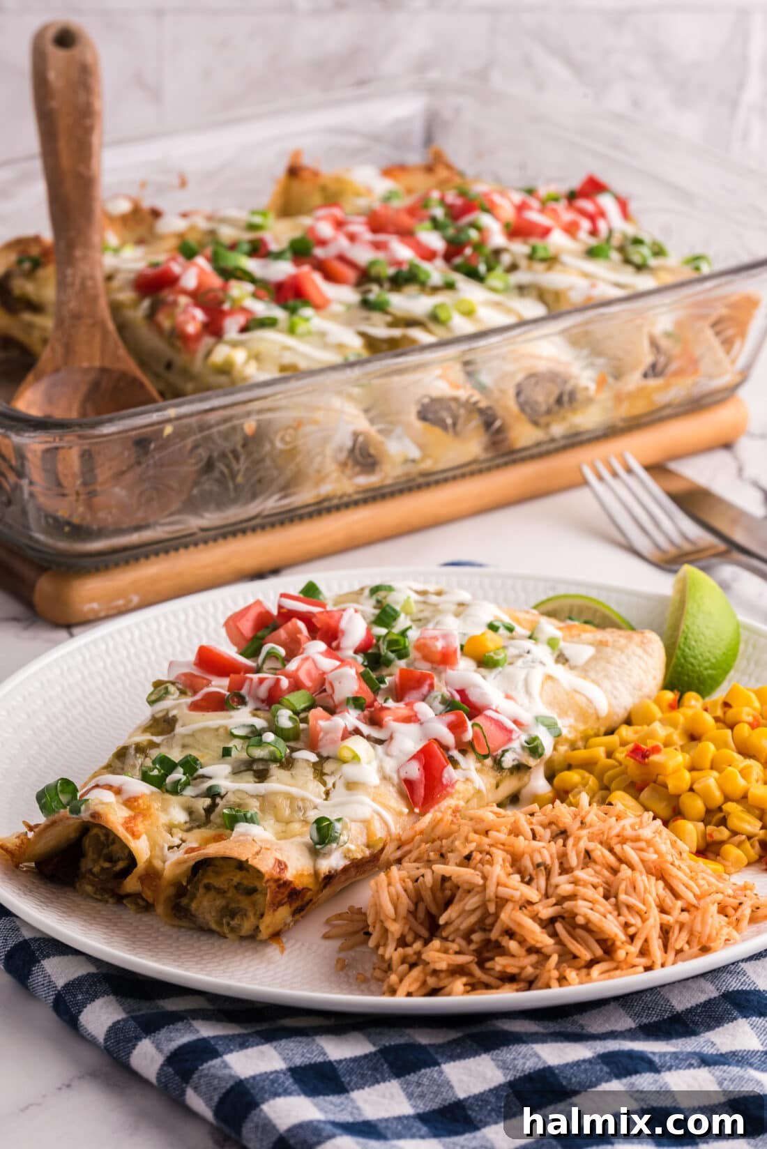 Beef Enchiladas with rice on plate with pan in background