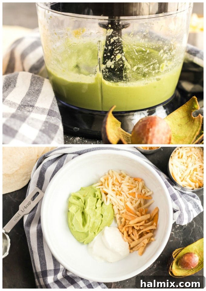 Cheesy Quesadillas: Mexico's Beloved Appetizer 3 Avocado, onion, lemon juice, salt, and garlic powder being processed into a smooth mixture.