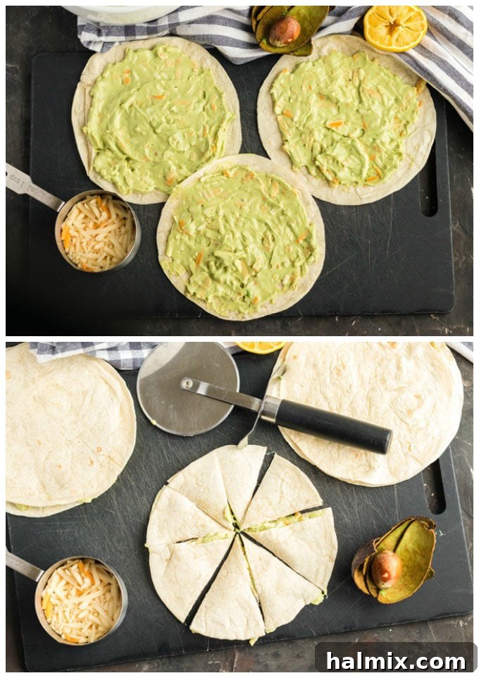 Cheesy Quesadillas: Mexico's Beloved Appetizer 4 Smooth avocado mixture generously spread onto flour tortillas, ready to be topped with more tortillas.