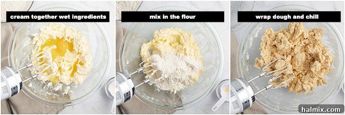 Process shot of making cookie dough, showing creamed butter and sugar in a mixer bowl, ready for the next ingredients.