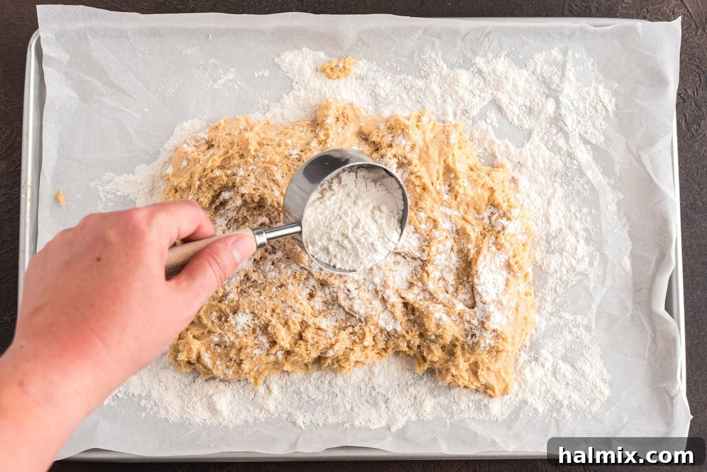 Adding flour over the doughnut dough on parchment paper before flattening