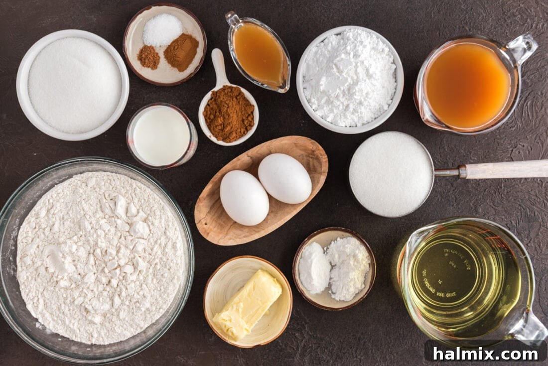 All ingredients for Apple Cider Doughnuts laid out on a table