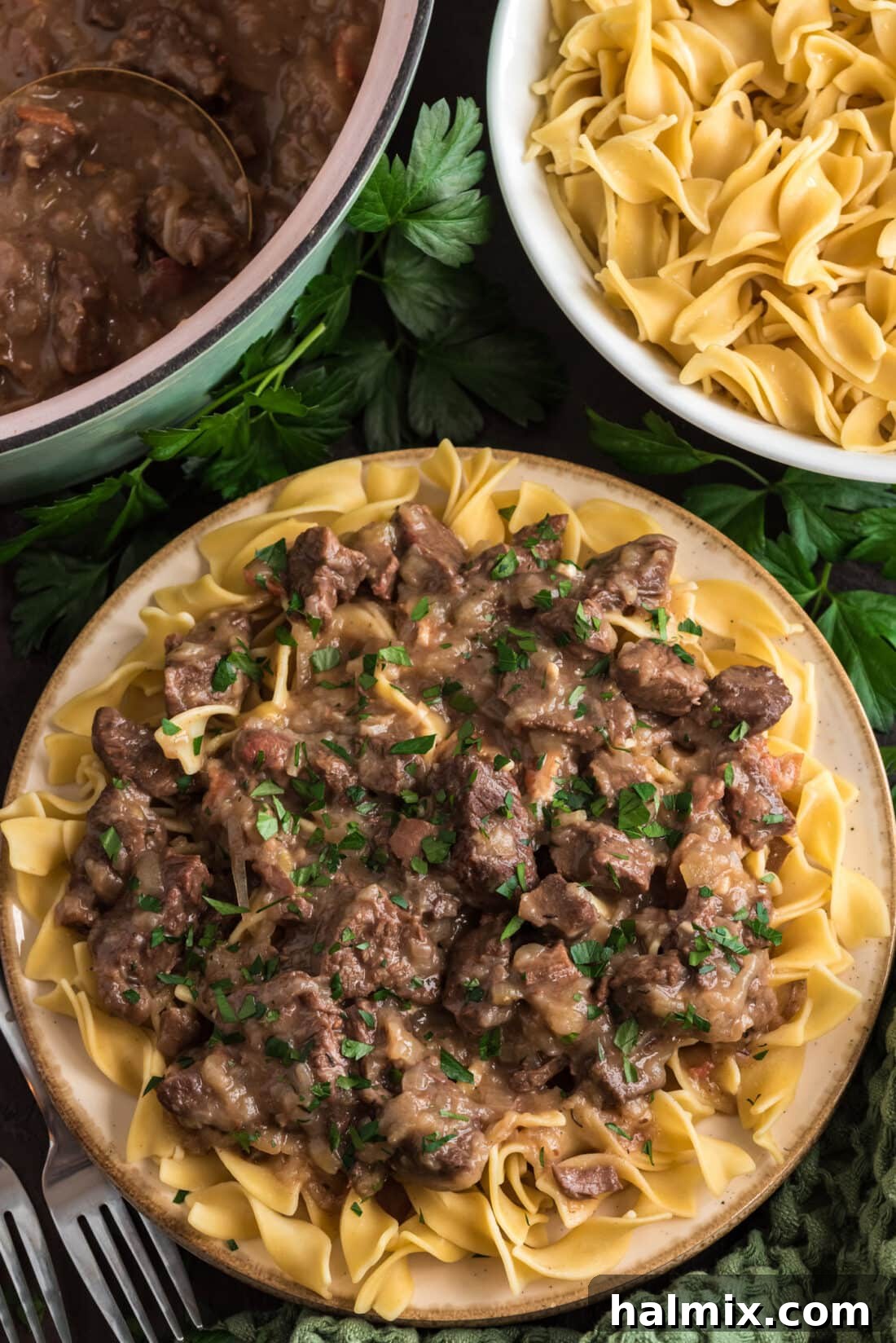 A close-up shot of rich Beef Carbonnade served over a bed of egg noodles, garnished with fresh herbs, showcasing its hearty and inviting texture.