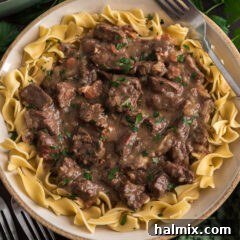 Close up photo of Beef Carbonnade served over egg noodles, showing the rich texture and tender meat.