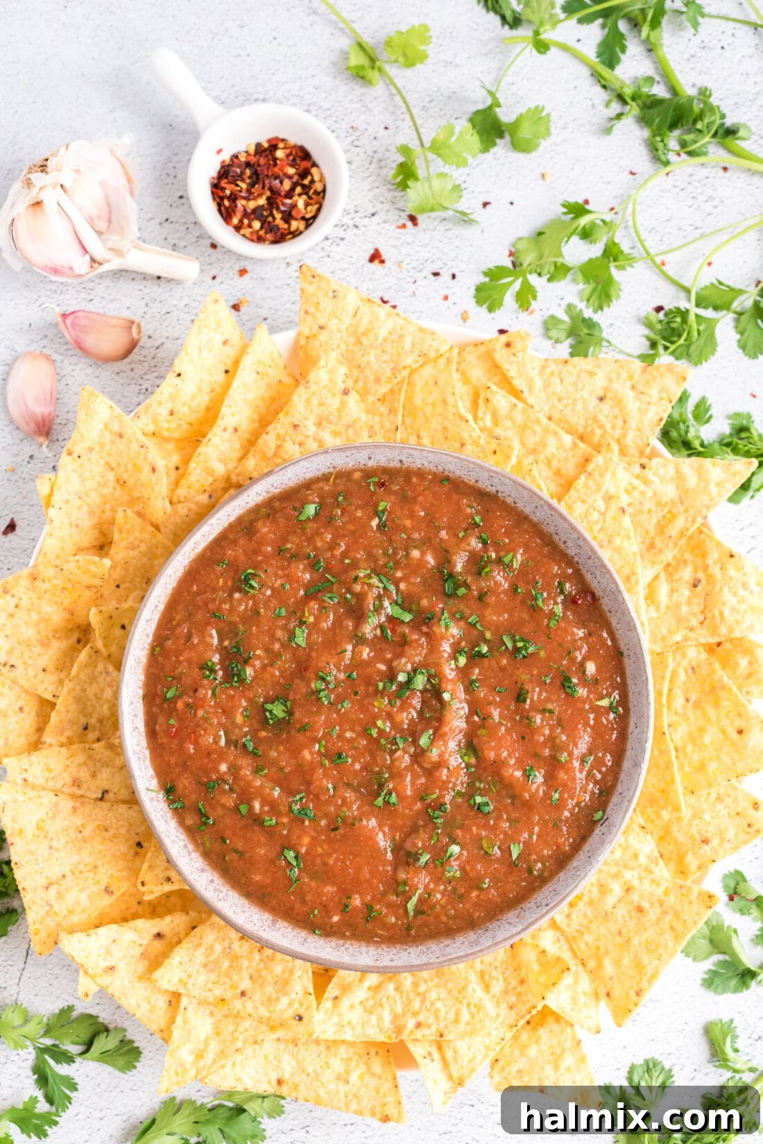 Restaurant Style Salsa in a bowl with tortilla chips