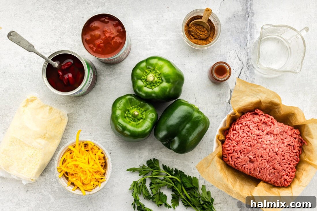 Southwest Chili Cornbread Stuffed Peppers 4 Various ingredients laid out for making Chili and Cornbread Stuffed Peppers
