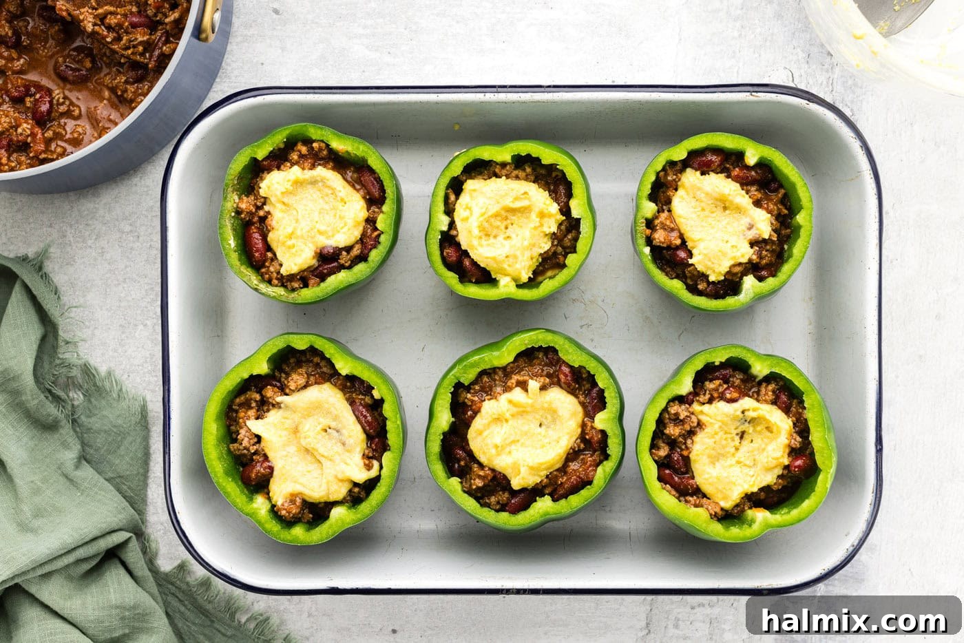 Southwest Chili Cornbread Stuffed Peppers 10 Cornbread batter spooned on top of chili-filled bell peppers