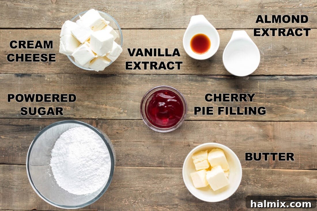 labeled ingredients needed for cherry cake frosting