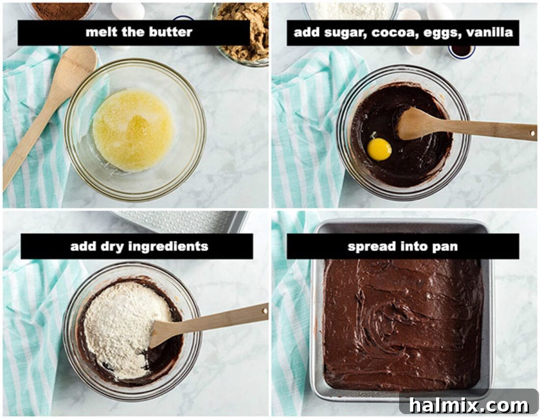 Dreamy Chocolate Cheesecake Brownies 2 Illustrated steps for making the brownie layer, showing ingredients mixing and spreading in a pan