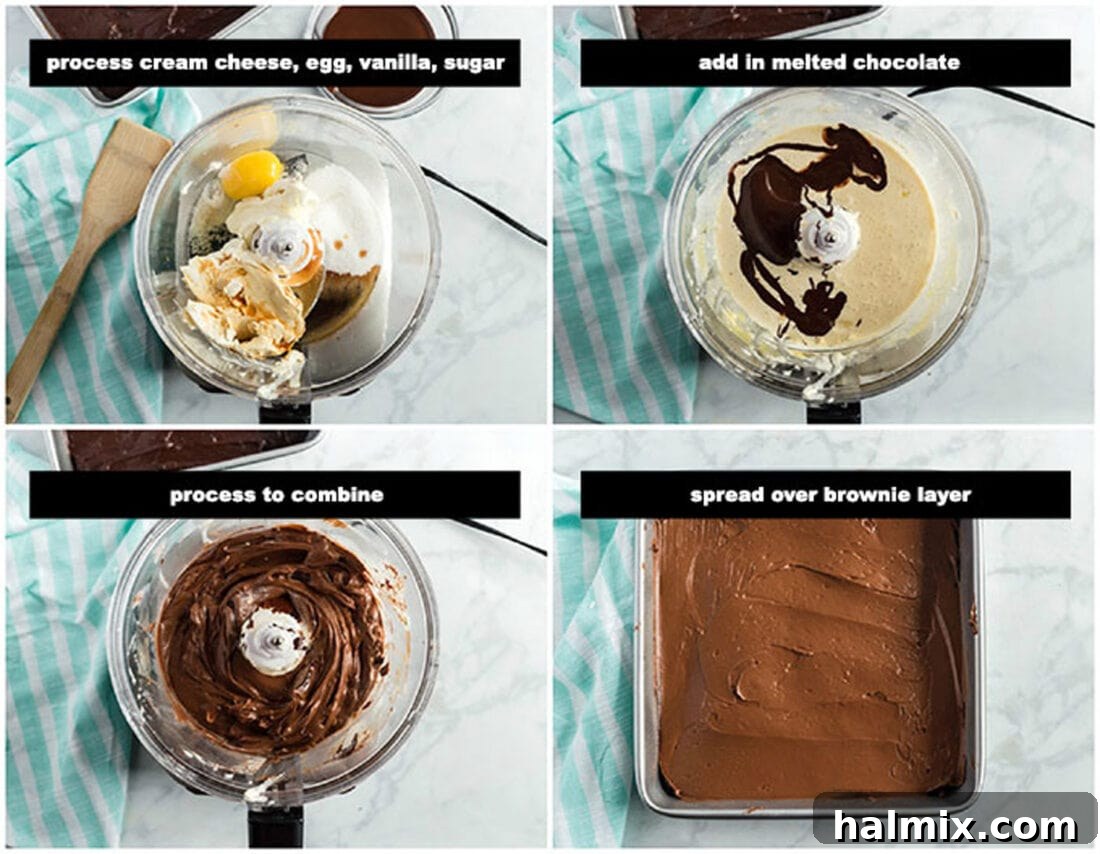 Dreamy Chocolate Cheesecake Brownies 3 Illustrated steps for making the cheesecake layer, showing ingredients processing and spreading over brownie base