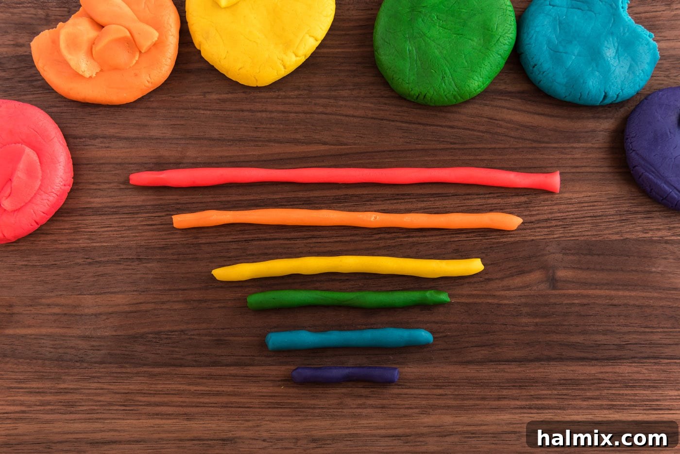 dough snakes in red, orange, yellow, green, blue, and indigo