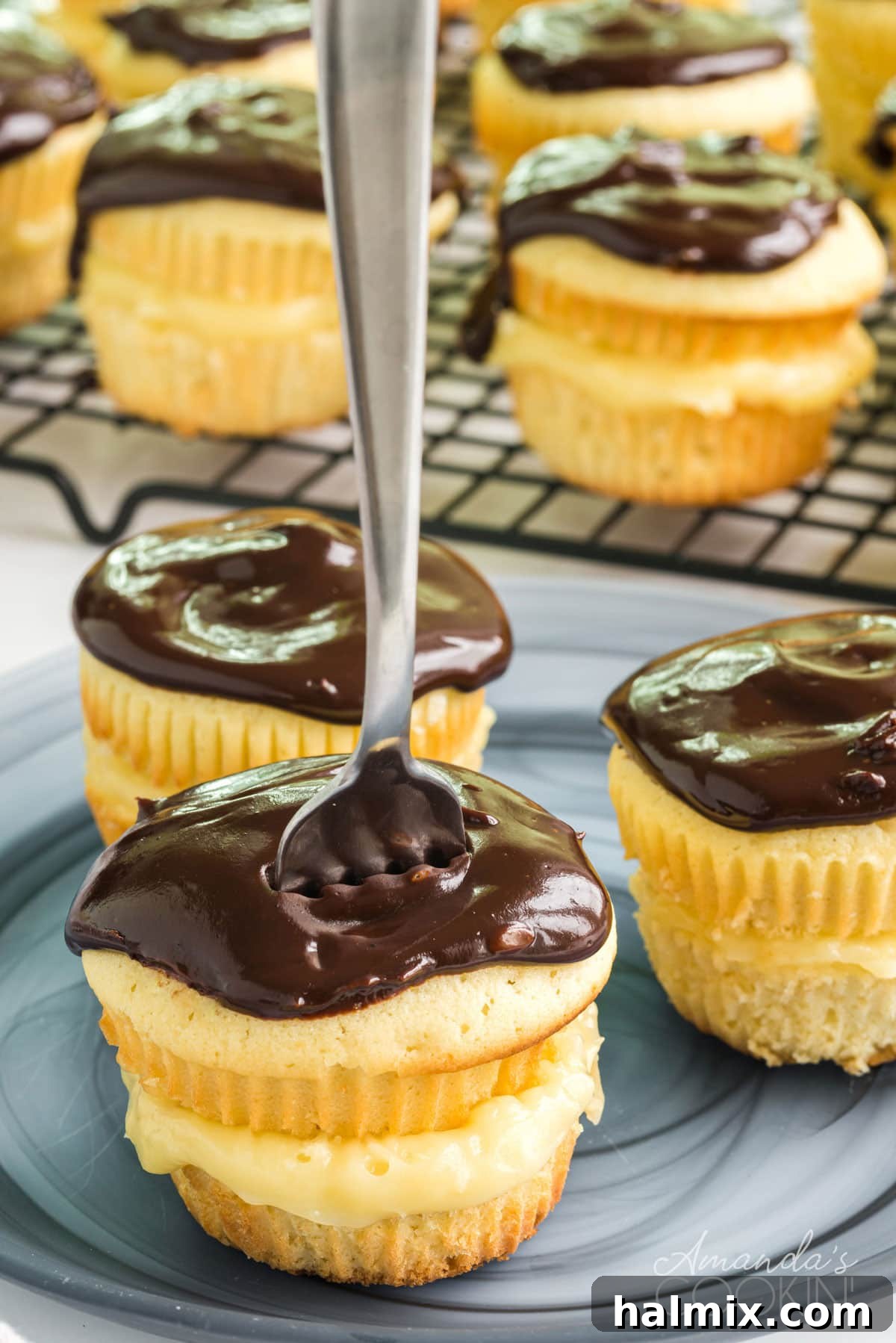 boston cream cupcake with a fork standing in the top of it
