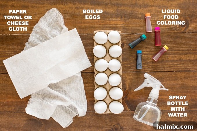 Tie Dye Easter Eggs are super fun for kids to get creative and create tons of different beautifully colored Easter eggs! Try these tie dye method this year! Supplies laid out for making tie-dye Easter eggs