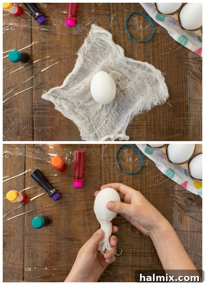 Groovy Tie Dye Easter Eggs Made Easy 3 Placing a hard-boiled egg into a piece of damp cheesecloth