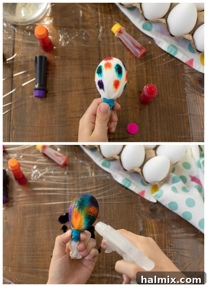 Groovy Tie Dye Easter Eggs Made Easy 4 Adding drops of food coloring to an egg wrapped in cheesecloth