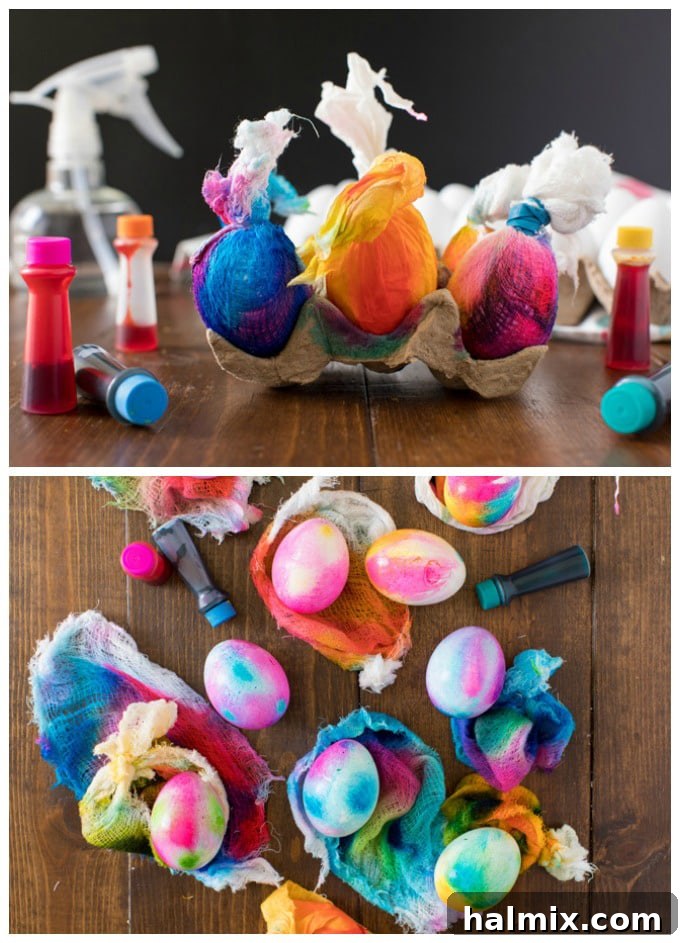 Tie Dye Easter Eggs are super fun for kids to get creative and create tons of different beautifully colored Easter eggs! Try these tie dye method this year! Wrapped eggs with food coloring applied, ready for spraying