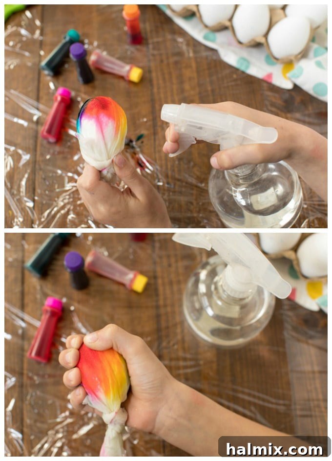 Groovy Tie Dye Easter Eggs Made Easy 6 Spraying an egg wrapped in a colored paper towel with water