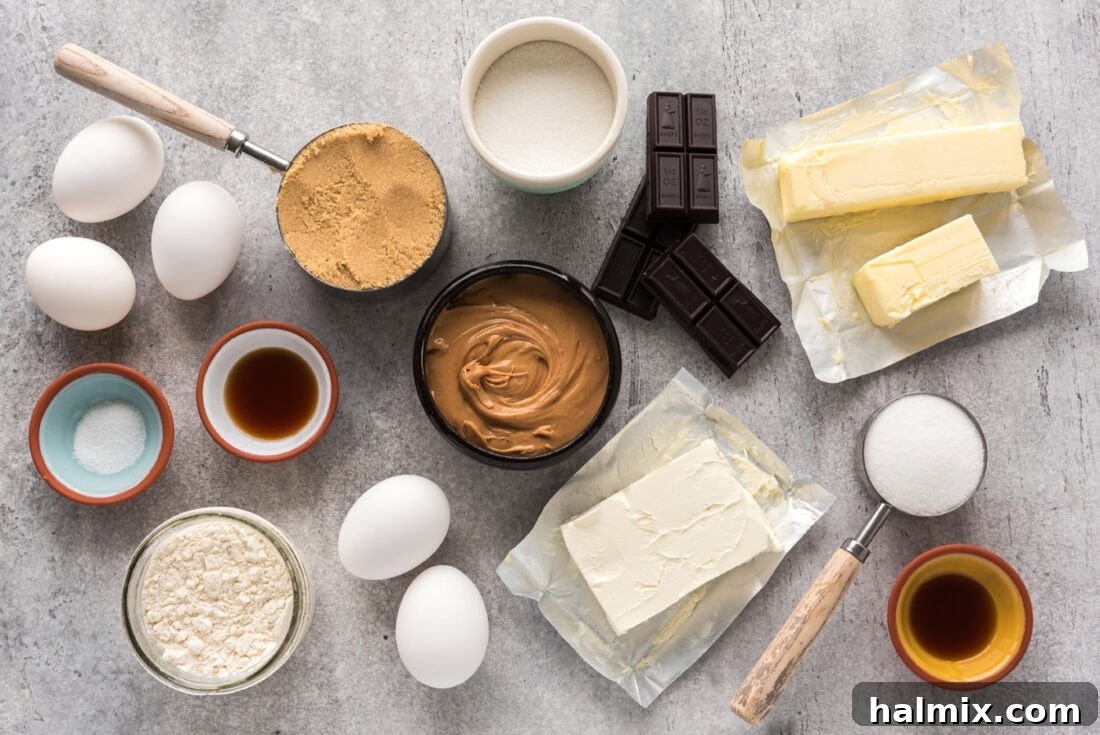 All ingredients for the Peanut Butter Marbled Brownie Skillet Pie laid out on a table