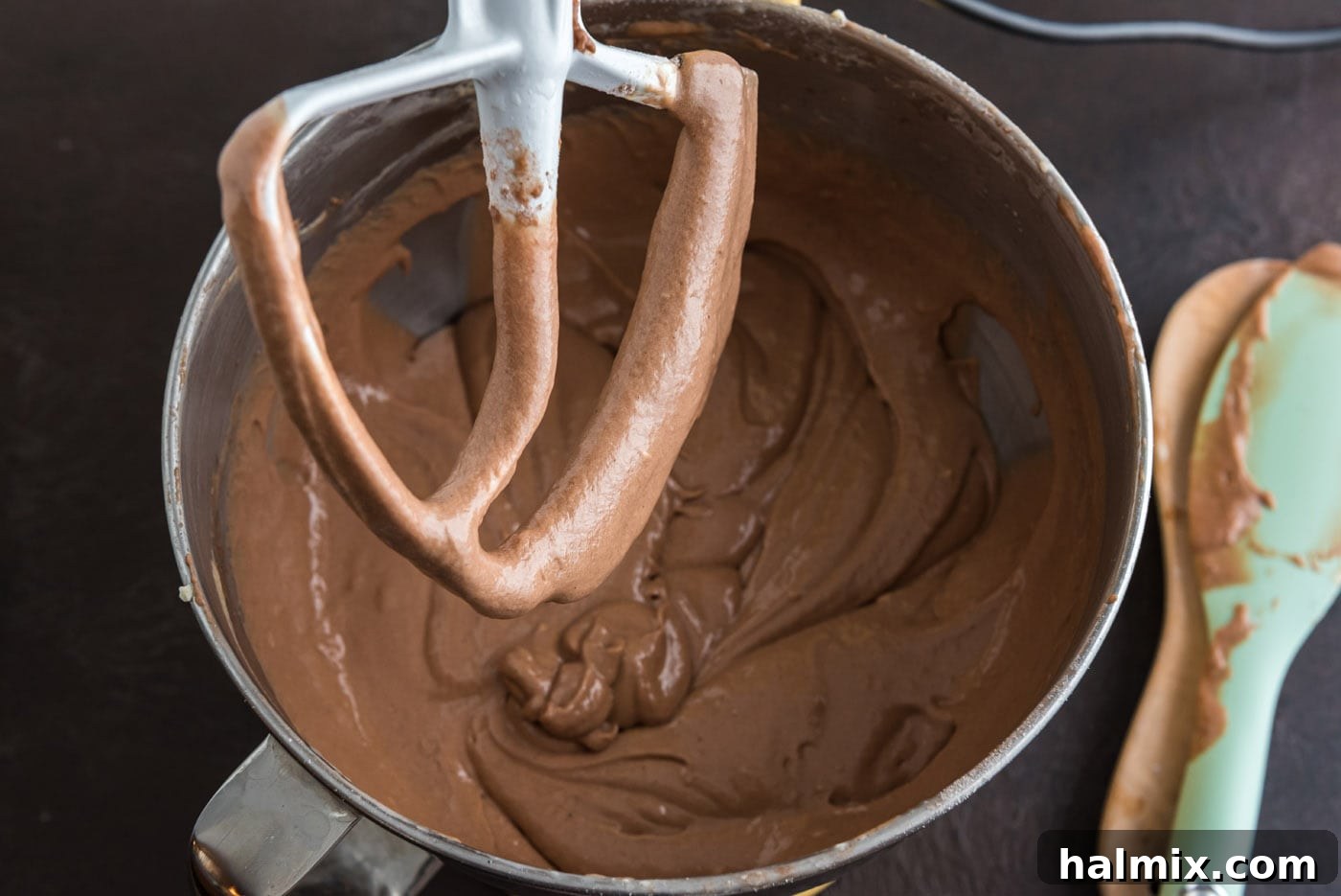 chocolate fudge cake batter in a stand mixer bowl