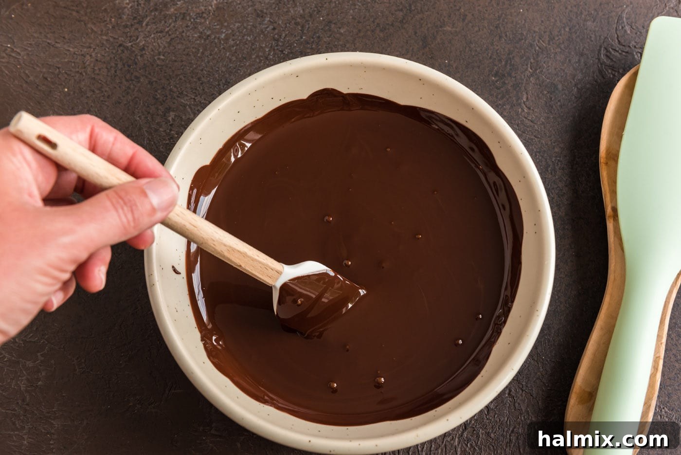 melted dark chocolate in a bowl