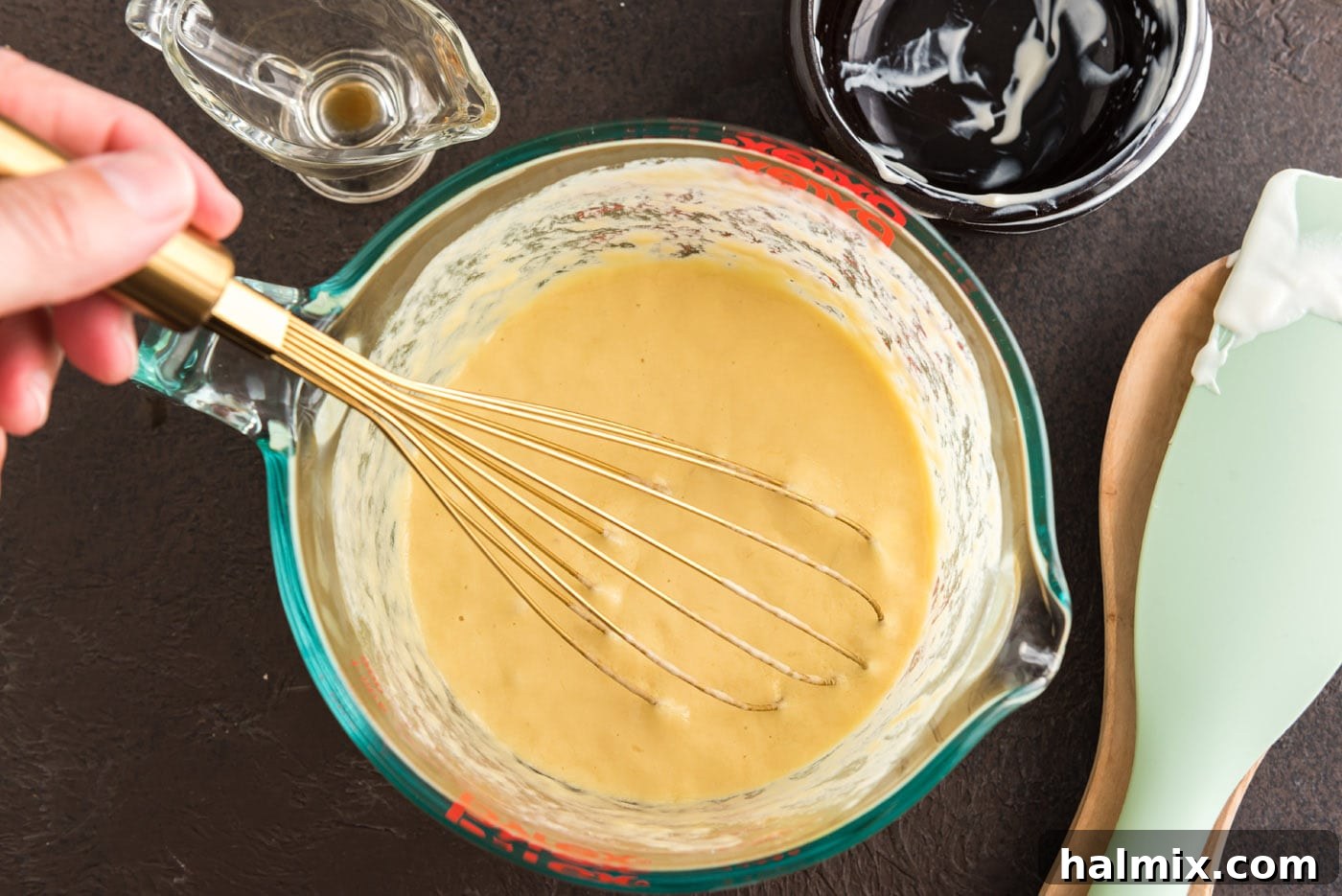 whisked wet ingredients in a bowl