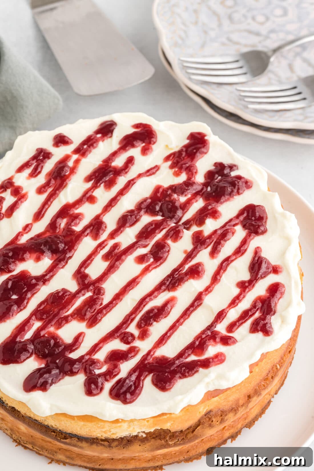 Regal Trifle Cheesecake 3 Overhead view of a whole English Trifle Cheesecake, beautifully garnished